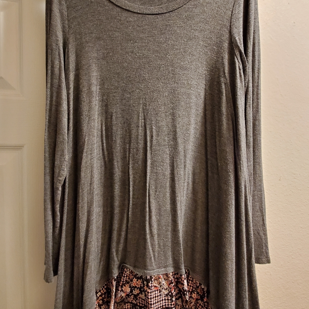 Gray Blouse with Patterned Ruffle Trim